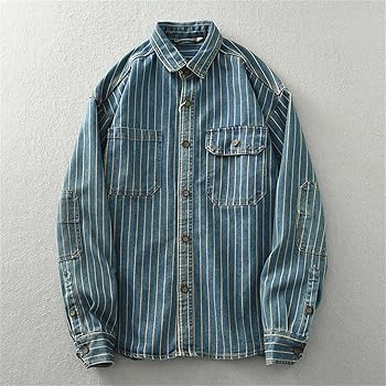 Amazon.co.jp: [Sweejim] ヴィンテージ縦ストライプデニムシャツ